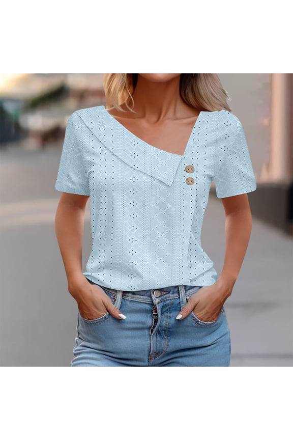 1 Pcs Shirts for Women Trendy Summer 2025 Petal Short Sleeve V Neck Petite Tops Cute Lace Eyelet Blouses Dressy Casual