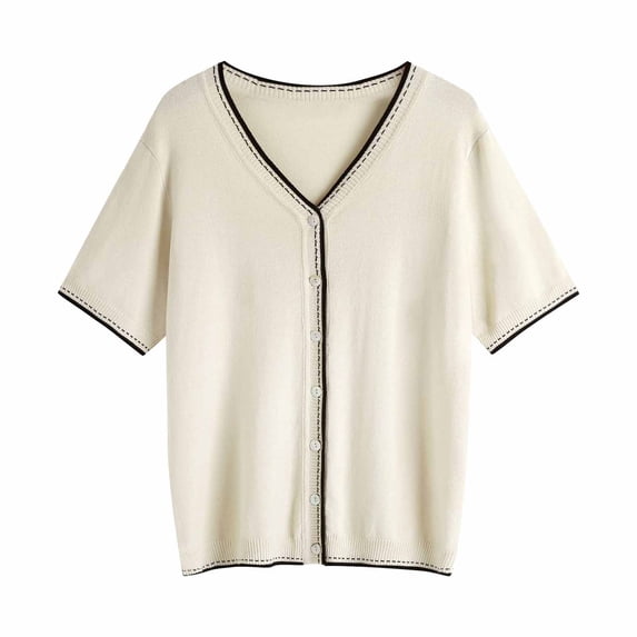 Rezuofi 1 Pcs Short Sleeve Contrast Cardigan Sweaters for Women Summer Casual Striped Button Down Bolero Shrug