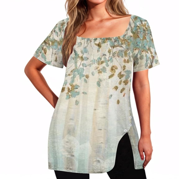 Rezuofi 1 Pcs Square Neck Tops for Womens Dressy Tunic Tshirts Retro Floral Graphic Tees Summer Fashion Ladies Short Sleeve Blouse 2025