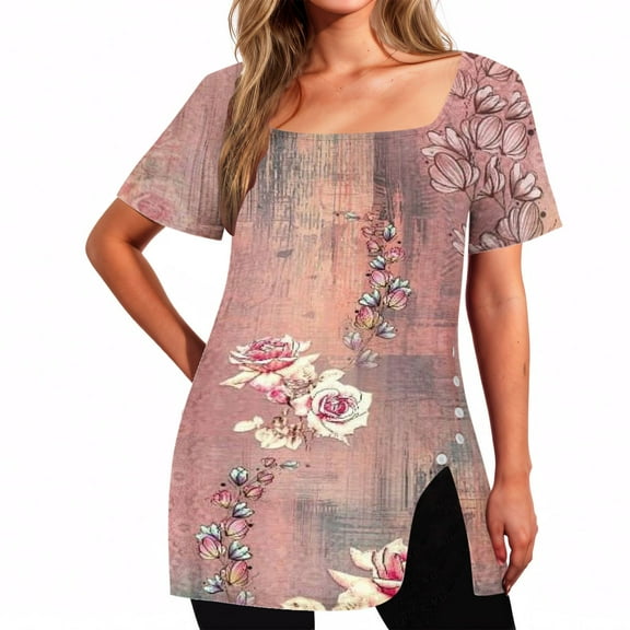 Rezuofi 1 Pcs Square Neck Tops for Womens Dressy Tunic Tshirts Retro Floral Graphic Tees Summer Fashion Ladies Short Sleeve Blouse 2025