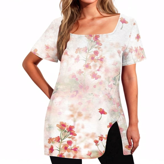Rezuofi 1 Pcs Square Neck Tops for Womens Dressy Tunic Tshirts Retro Floral Graphic Tees Summer Fashion Ladies Short Sleeve Blouse 2025