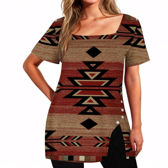 Rezuofi 1 Pcs Square Neck Tops for Womens Dressy Tunic Tshirts Retro Floral Graphic Tees Summer Fashion Ladies Short Sleeve Blouse