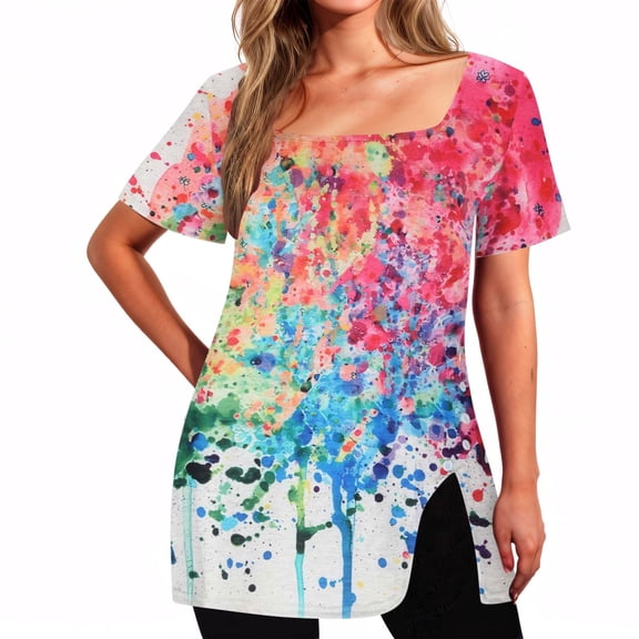 Rezuofi 1 Pcs Square Neck Tops for Womens Dressy Tunic Tshirts Retro Floral Graphic Tees Summer Fashion Ladies Short Sleeve Blouse