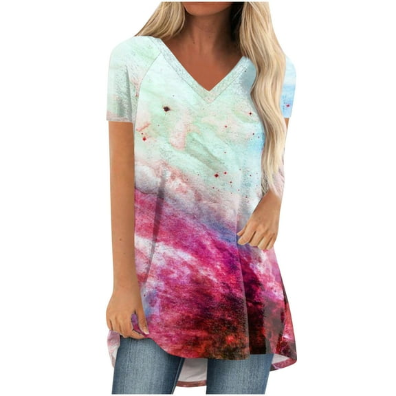 Rezuofi 1 Pcs Summer Short Sleeve Tunic Long Tops for Women Trendy Plus Size Flowy Shirts Casual V Neck Smocked Floral Blouse