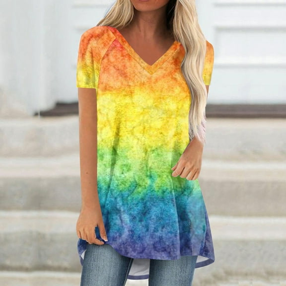 Rezuofi 1 Pcs Summer Short Sleeve Tunic Long Tops for Women Trendy Plus Size Flowy Shirts Casual V Neck Smocked Floral Blouse