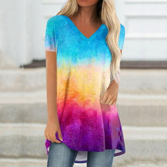 Rezuofi 1 Pcs Summer Short Sleeve Tunic Long Tops for Women Trendy Plus Size Flowy Shirts Casual V Neck Smocked Floral Blouse