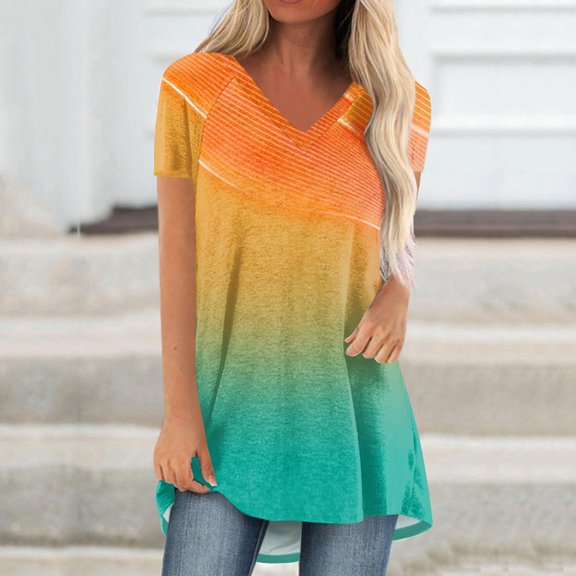 Rezuofi 1 Pcs Summer Short Sleeve Tunic Long Tops for Women Trendy Plus Size Flowy Shirts Casual V Neck Smocked Floral Blouse