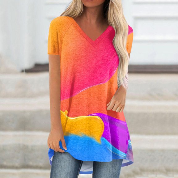 Rezuofi 1 Pcs Summer Short Sleeve Tunic Long Tops for Women Trendy Plus Size Flowy Shirts Casual V Neck Smocked Floral Blouse