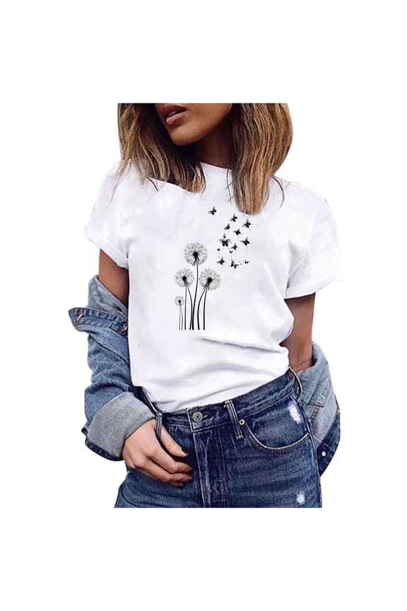 1 Pcs Summer Tops for Women 2025 Cute Floral Graphic Tee Shirt Dressy Round Neck Short Sleeve Tunic Pullover Petite Ladies Blouses