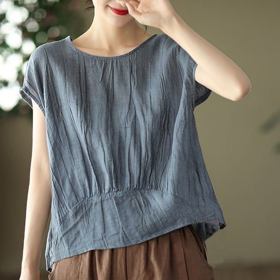 Rezuofi 1 Pcs Summer Tops for Women 2025 Short Sleeve Crew Neck Linen Cotton Shirts Plus Size Gauze Casual Dressy Blouse Outfits