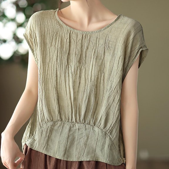 Rezuofi 1 Pcs Summer Tops for Women 2025 Short Sleeve Crew Neck Linen Cotton Shirts Plus Size Gauze Casual Dressy Blouse Outfits