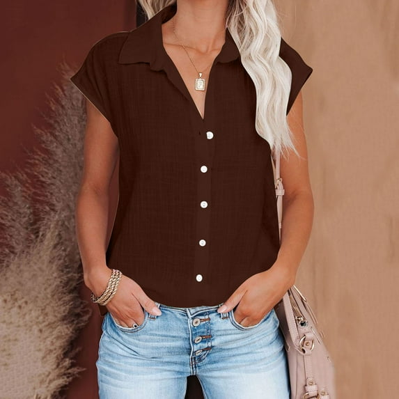 Rezuofi 1 Pcs Summer Tops for Women 2025 Trendy Cotton Linen Button Down Shirts Dressy Cap Sleeve Collared Business Casual Blouses