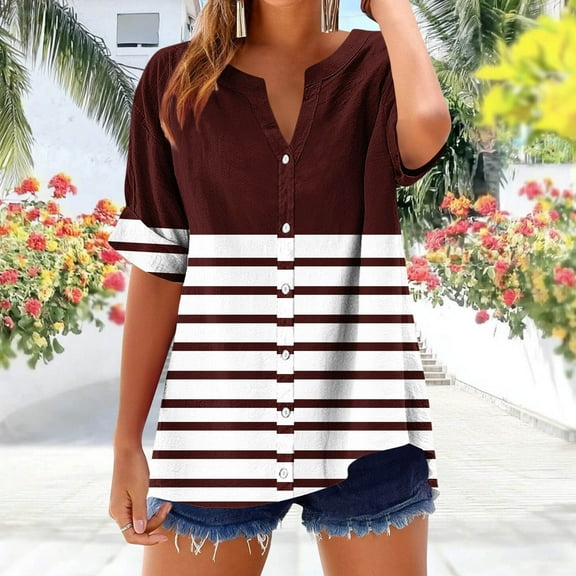 Rezuofi 1 Pcs Summer Tops for Women Vacation Trendy V Neck 2025 Casual Short Sleeve Shirts Loose Comfy Tunic Clothes