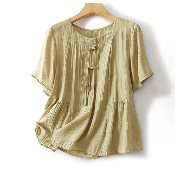 Rezuofi 1 Pcs Summer Womens Short Sleeve Cotton Linen Shirts Casual Collared Down Shirt V Neck Pleated Tops Loose Blouses