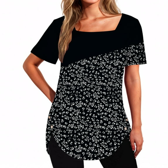 Rezuofi 1 Pcs Tunic Tops for Women Trendy 2025 Boho Floral Print Summer Shirts Dressy Casual Square Neck Short Sleeve Blouses