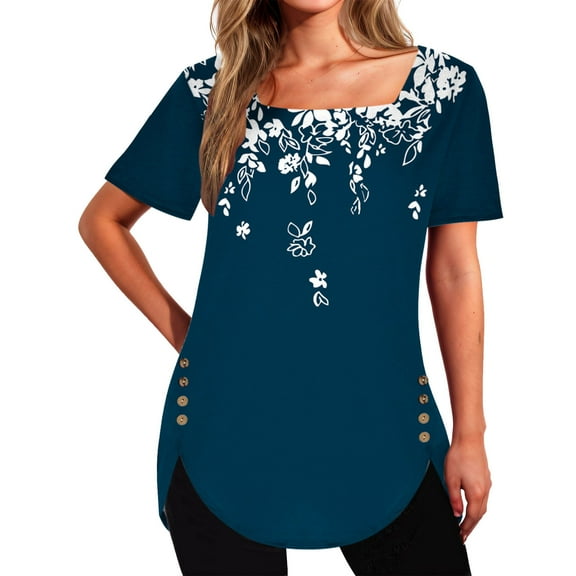 Rezuofi 1 Pcs Tunic Tops for Women Trendy 2025 Boho Floral Print Summer Shirts Dressy Casual Square Neck Short Sleeve Blouses