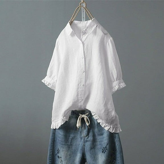 Rezuofi 1 Pcs Women Button Down Linen Shirts Solid Summer Casual Blouses Ruffle Hem Flowy Tops