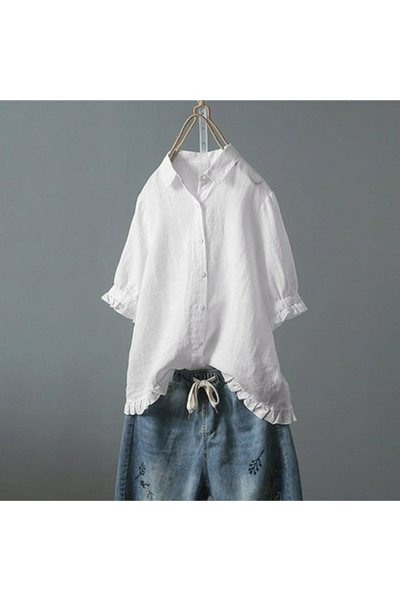 1 Pcs Women Button Down Linen Shirts Solid Summer Casual Blouses Ruffle Hem Flowy Tops