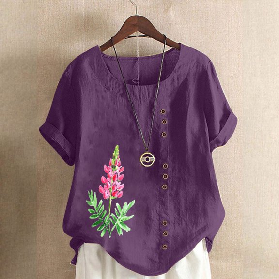 Rezuofi 1 Pcs Women Floral Print Linen Shirts Short Sleeve Gauze Tops Loose Fit Cotton Blouses Trendy 2025 Clothing