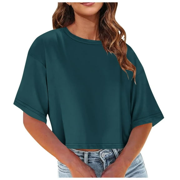 Rezuofi 1 Pcs Women Half Sleeve Cropped T-Shirts Drop Shoulder Round Neck Crop Tops Casual Summer Solid Color Basic Tees