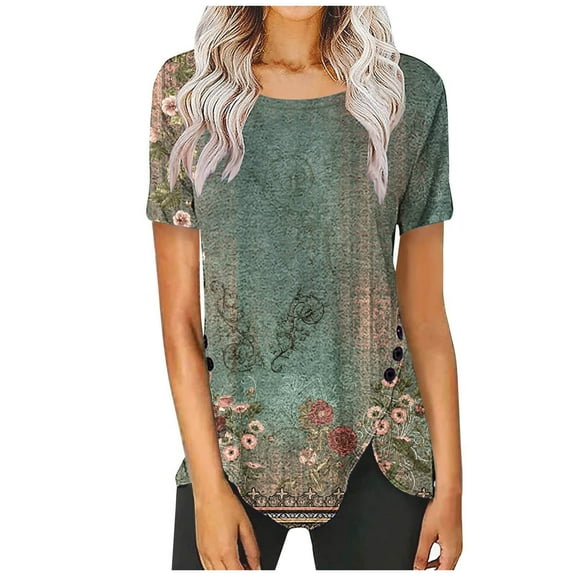 Rezuofi 1 Pcs Women High Low Hem Tops Leaf Print Blouses Shirts Short Sleeve Dressy Casual Tunic Trendy Ladies Clothes 2025