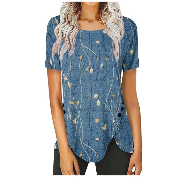 Rezuofi 1 Pcs Women High Low Hem Tops Leaf Print Blouses Shirts Short Sleeve Dressy Casual Tunic Trendy Ladies Clothes 2025