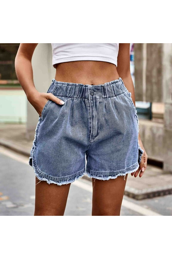 1 Pcs Women Ruffle Frayed Trim High Waist Stretch Jean Shorts Summer Trendy Casual Loose Elastic Button Waist Denim Shorts Clearance