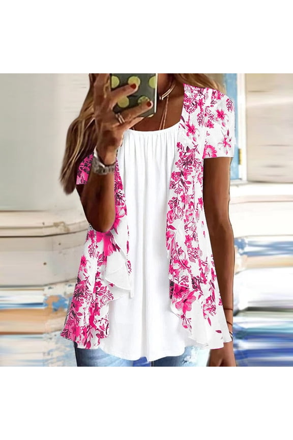 1 Pcs Women Summer Plus Size Short Sleeve Tops Fake Two Piece Loose Pleated Layered Blouse Shirt Hide Belly Tunic Tops