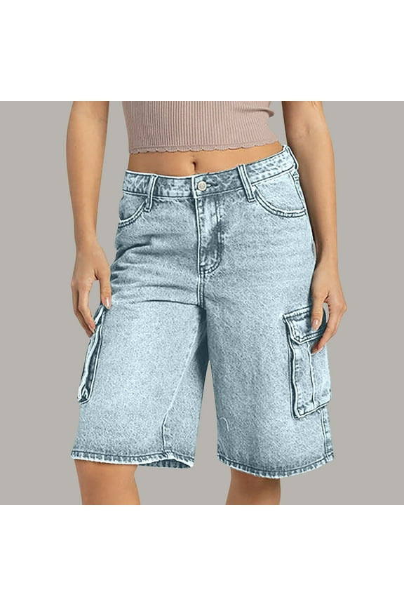 1 Pcs Women Y2K Baggy Denim Shorts Loose Mid Rise Cargo Long Jean Shorts Summer Wide Leg Distressed Carpenter Jorts