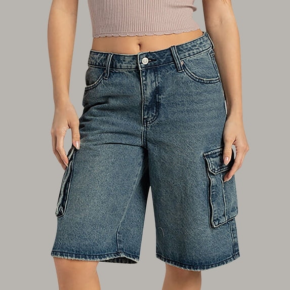 Rezuofi 1 Pcs Women Y2K Baggy Denim Shorts Loose Mid Rise Cargo Long Jean Shorts Summer Wide Leg Distressed Carpenter Jorts