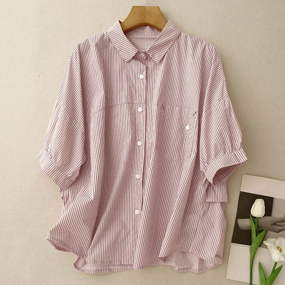 Rezuofi 1 Pcs Women's Button Down Shirts Striped Long Sleeve Collared Blouses Tops with Pocket