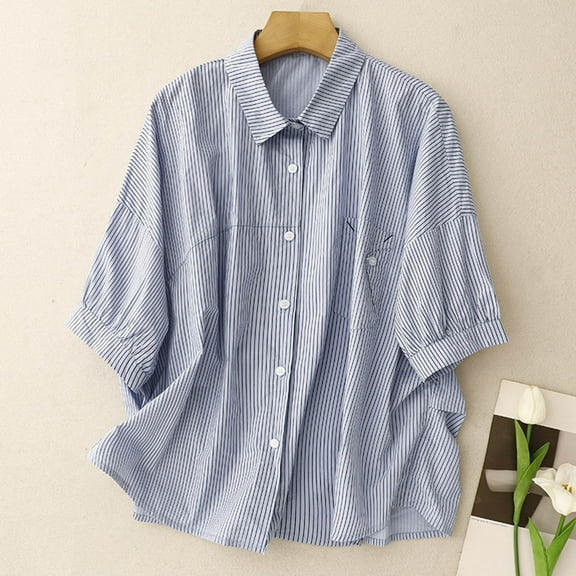 Rezuofi 1 Pcs Women's Button Down Shirts Striped Long Sleeve Collared Blouses Tops with Pocket