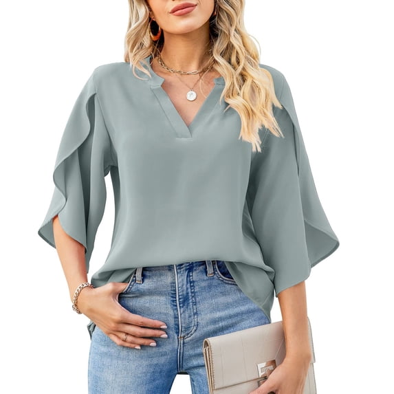 Rezuofi 1 Pcs Women's Casual Chiffon Blouse Tops 3/4 Ruffled Sleeve V Neck Loose Fit Blouses Shirts