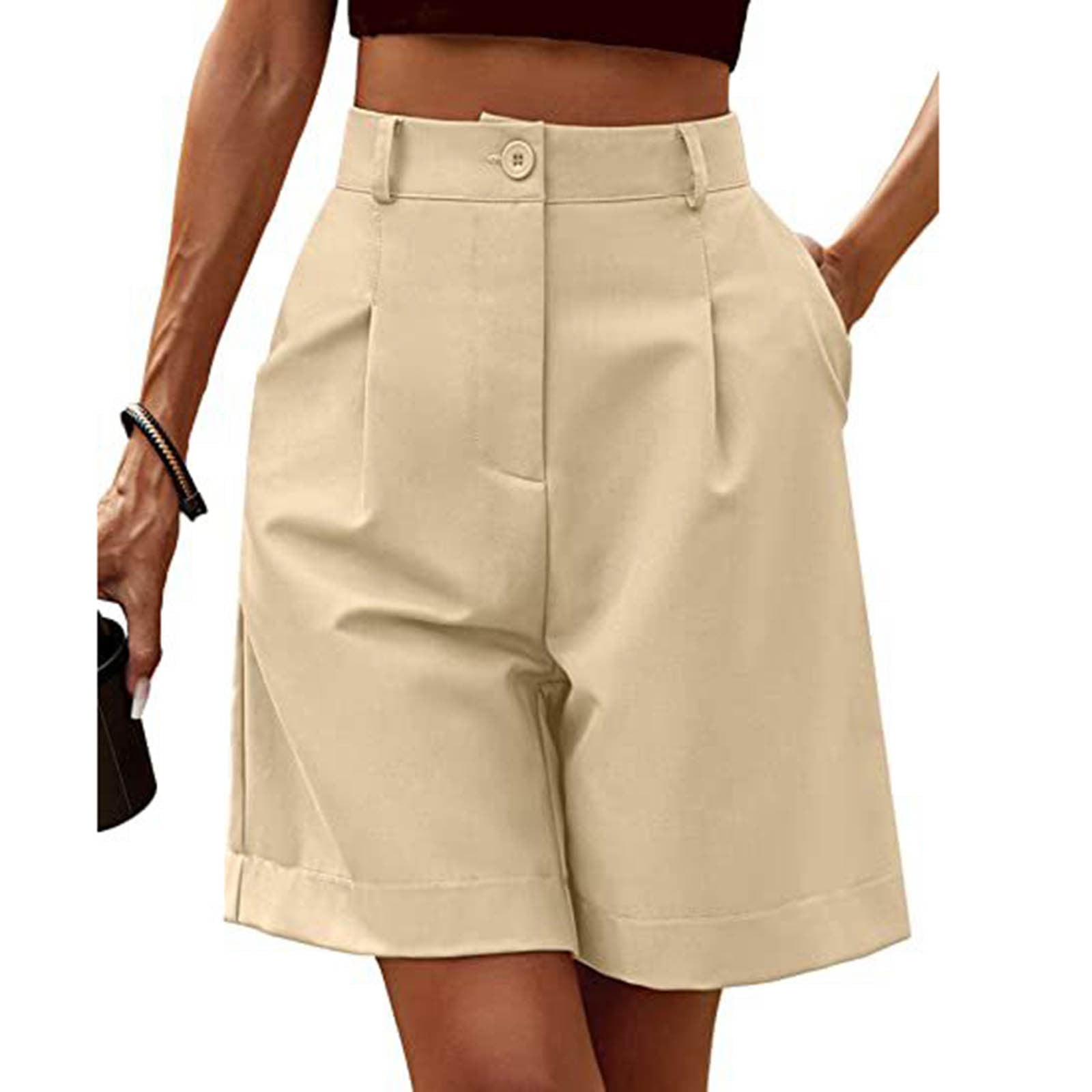 womens casual dress shorts Ryrjj Women Business Casual Button Dress Shorts High Waist Wide Leg Pleated Shorts Summer Solid Bermuda Shorts with Pockets(z-Navy,S), Women's, Size: