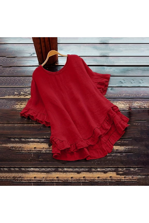1 Pcs Women's Casual Ruffle Blouses Cotton Linen Plus Size Short Sleeve Tops Summer Loose Fit Fashion Ruffled Hem Shirts