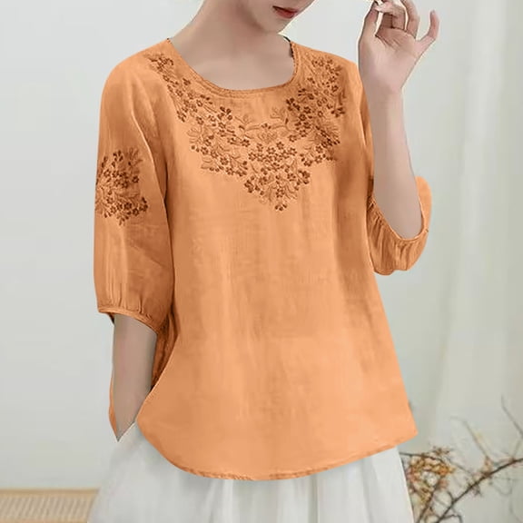 Rezuofi 1 Pcs Women's Cotton Linen Embroidered Retro Henley neck 3/4 Lantern Sleeve Tops Button down Tunic Blouse