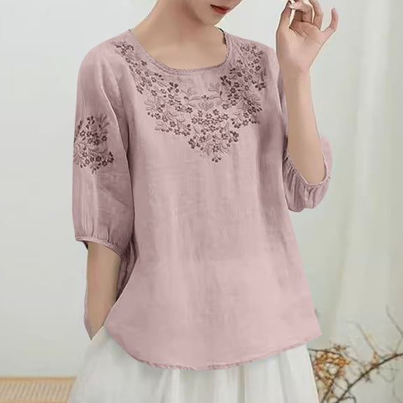 Rezuofi 1 Pcs Women's Cotton Linen Embroidered Retro Henley neck 3/4 Lantern Sleeve Tops Button down Tunic Blouse