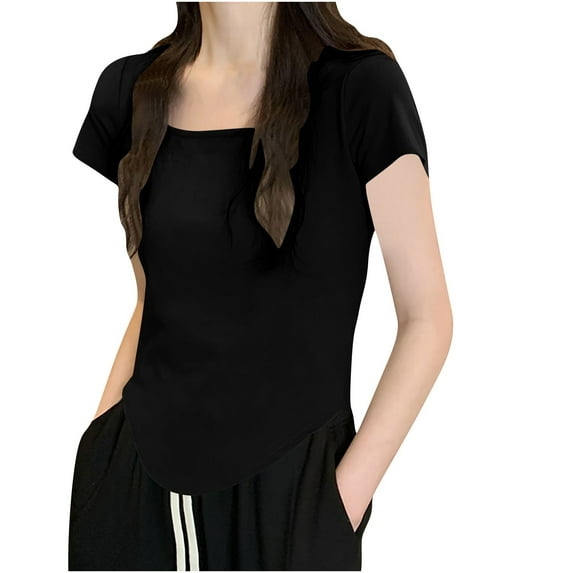 Rezuofi 1 Pcs Women's Crew Neck Short Sleeve Tees Double Lined Slim Fit T Shirt Basic Y2K Tops