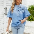 thumbnail image 1 of Rezuofi 1 Pcs Women's Denim Blouse Bow Tie Button Up Mock Neck Jean Shirt Fashion Elastic Puff Sleeves Loose Fit Cropped Denim Tops, 1 of 9
