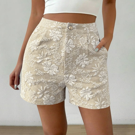 Rezuofi 1 Pcs Women's Floral Jacquard Shorts High Waisted Boho Summer Shorts with Pocket