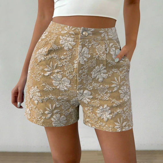 Rezuofi 1 Pcs Women's Floral Jacquard Shorts High Waisted Boho Summer Shorts with Pocket