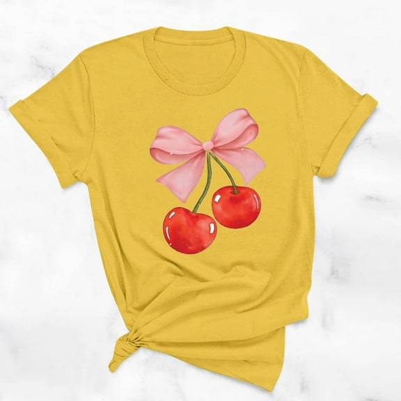 Rezuofi 1 Pcs Women's Graphic Vintage Tees Cherry Bow Letter Print Round Neck T Shirt Casual Summer Short Sleeve Trendy Tops
