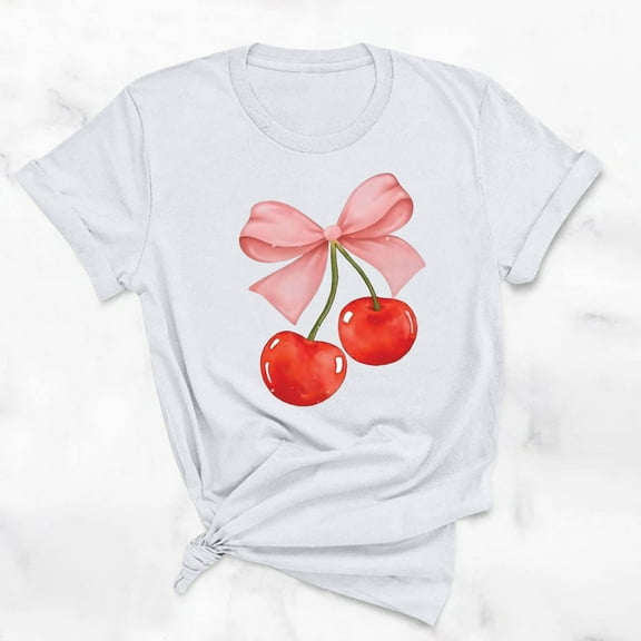 Rezuofi 1 Pcs Women's Graphic Vintage Tees Cherry Bow Letter Print Round Neck T Shirt Casual Summer Short Sleeve Trendy Tops