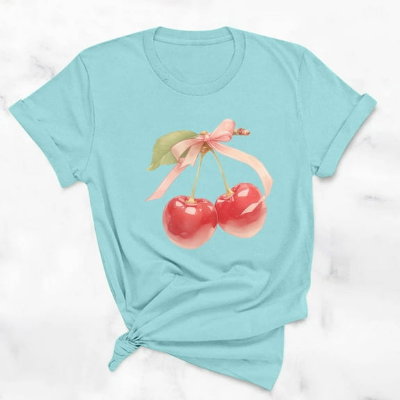 Rezuofi 1 Pcs Women's Graphic Vintage Tees Cherry Bow Letter Print Round Neck T Shirt Casual Summer Short Sleeve Trendy Tops