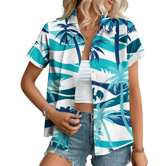 Rezuofi 1 Pcs Women's Hawaiian Button Down Shirts Casual Short Sleeve Floral Tropical Print Summer Blouse Tunic Top 2025