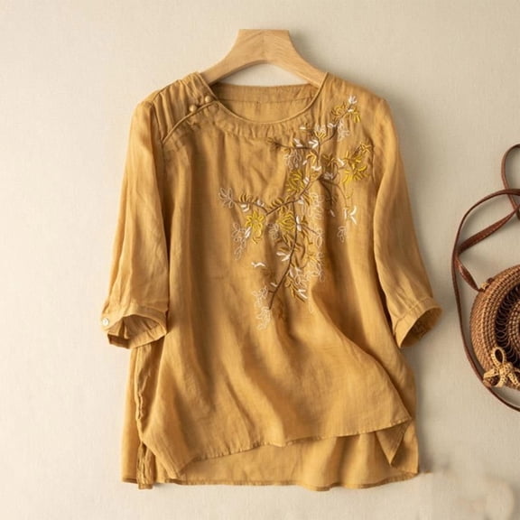 Rezuofi 1 Pcs Women's Linen Tops Bohemian Short Sleeve Shirts Summer Loose Crewneck Casual Vintage Embroidered Blouse Tops