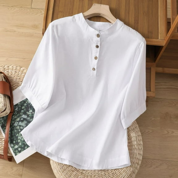 Rezuofi 1 Pcs Women's Linen Tops Summer Short Sleeve Crew Neck Casual Blouse 2025