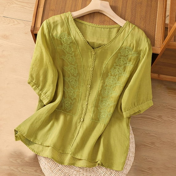 Rezuofi 1 Pcs Women's Mexican Embroidered Cold Shoulder Tops Short Sleeve V Neck Peasant Blouse Pleated Casual Summer Shirts Black