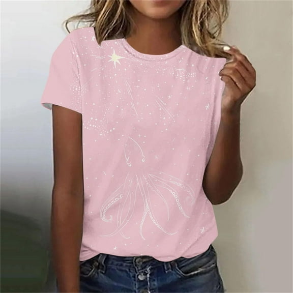 Rezuofi 1 Pcs Women's Octopus Print Summer T Shirts Short Sleeve Basic Casual Crewneck Tops Loose Fit Cute Blouse Workout Clothes