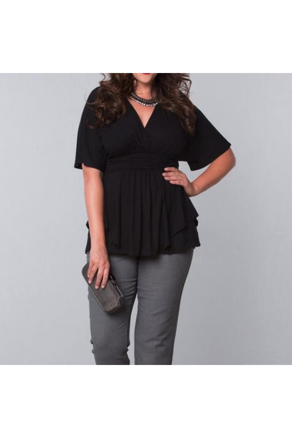 1 Pcs Women's Plus Size Dressy Tops Wrap Shirt Short Sleeve Tunic Top V Neck Low Cut Cute Blouse